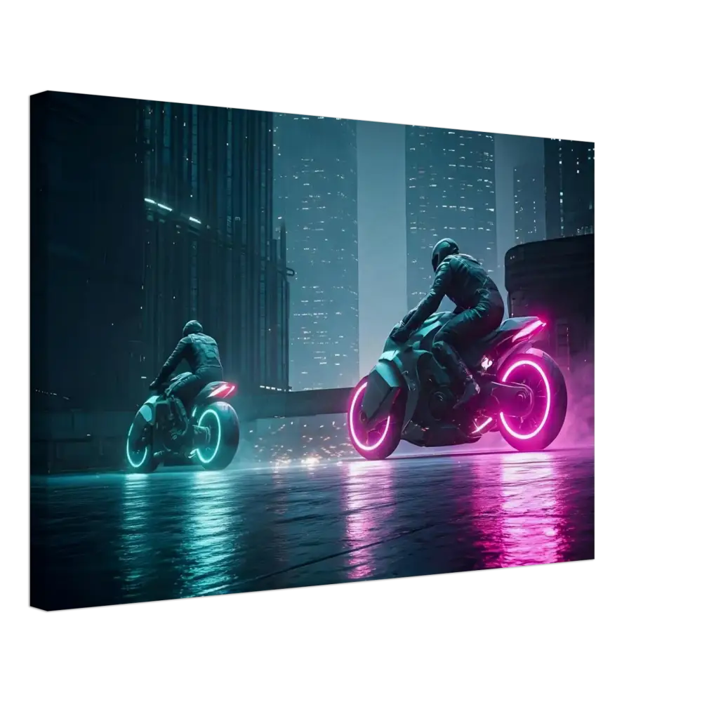 Futuristic motorcycles with neon wheels displayed on Neon Velocity Cyberpunk Showdown Canvas Wall Art