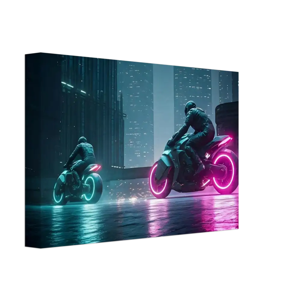 Futuristic neon motorcycles displayed in Neon Velocity Cyberpunk Showdown Canvas Wall Art