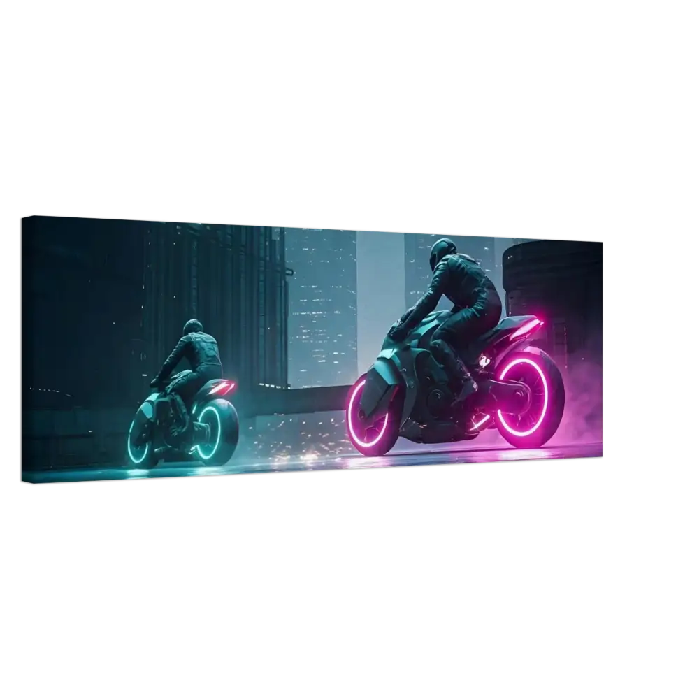 Futuristic neon motorcycles displayed on a Cyberpunk Canvas Wall Art by PixiOnyx