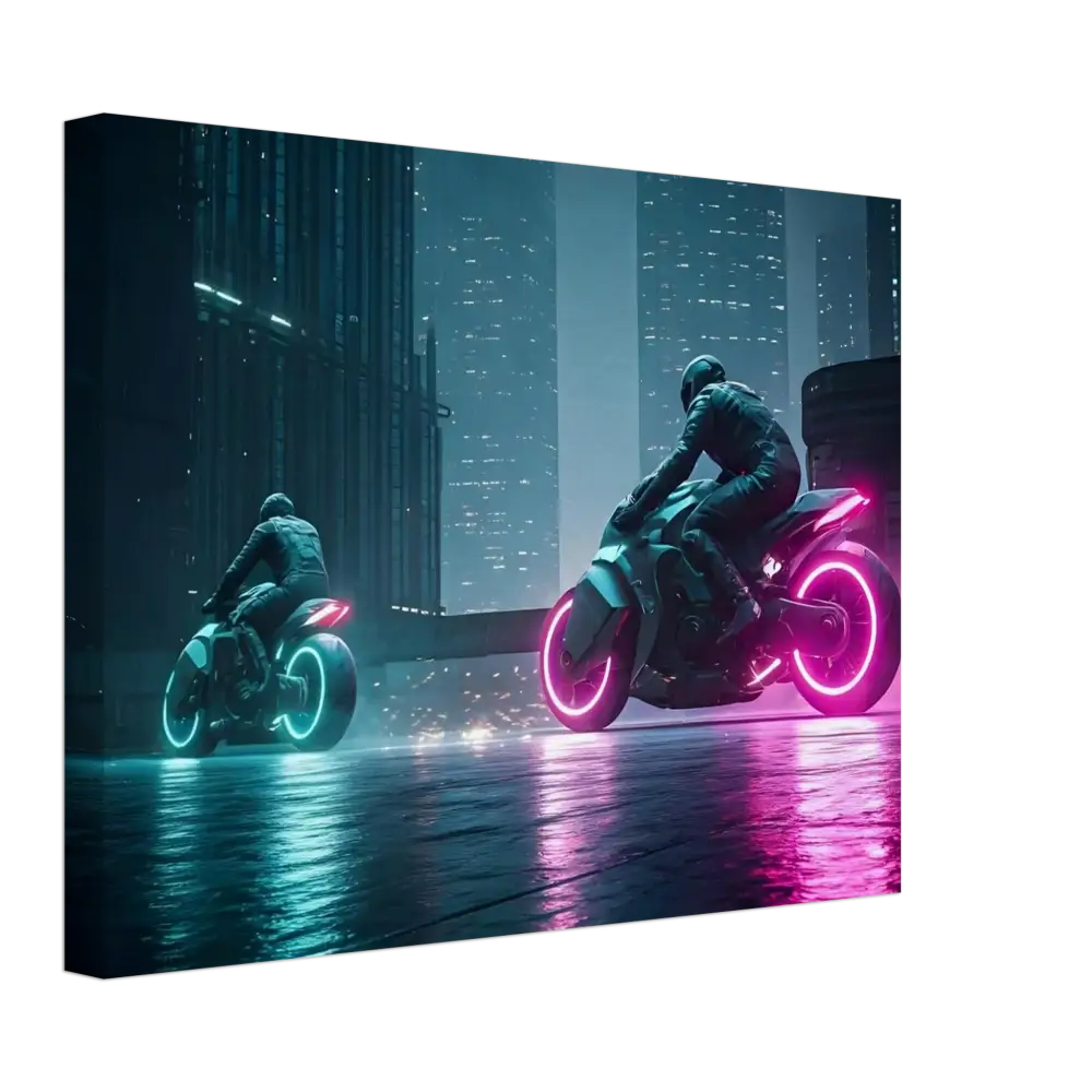 Futuristic motorcycles with neon lights displayed in Neon Velocity Cyberpunk Showdown wall art