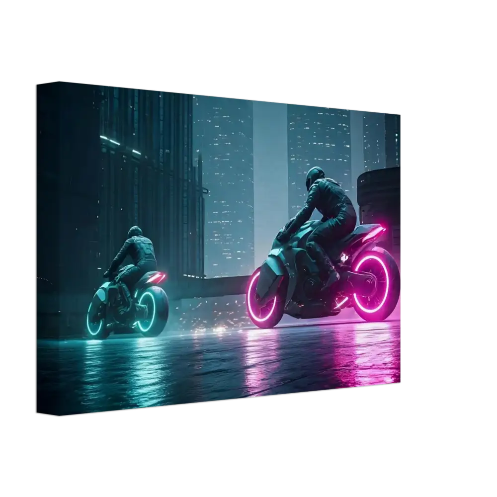 Futuristic neon motorcycles displayed in Neon Velocity Cyberpunk Showdown Canvas Wall Art