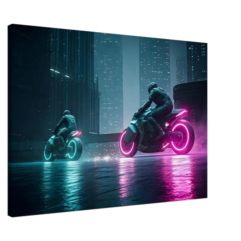 Futuristic neon motorcycles displayed in Neon Velocity Cyberpunk Showdown Canvas Wall Art