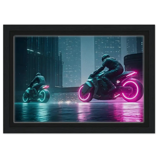 Framed futuristic motorcycle scene from Neon Velocity Cyberpunk Showdown high-tech wall art