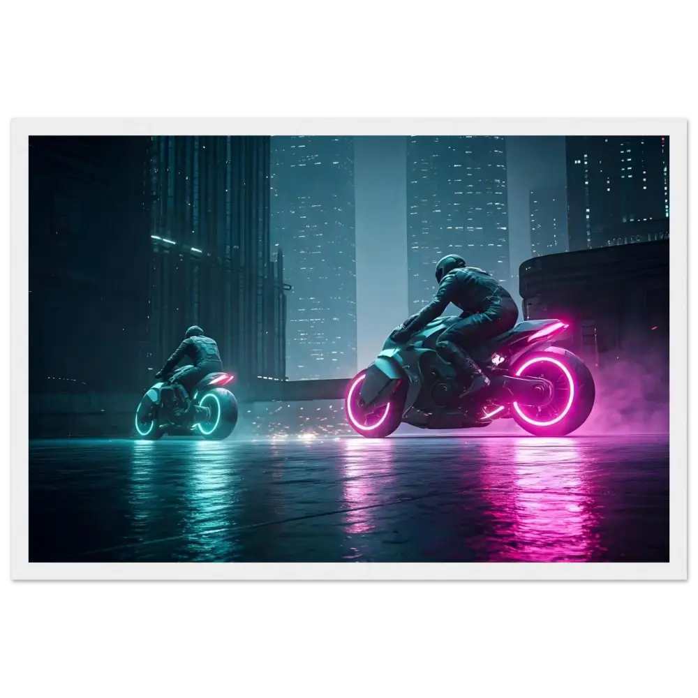 Futuristic neon motorcycles displayed as Cyberpunk wall art in PixiOnyx framed matte print