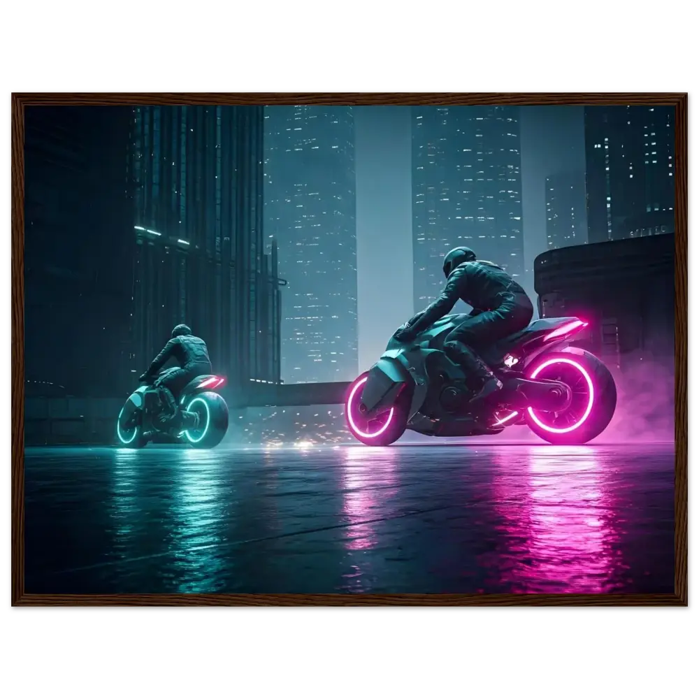 Futuristic neon motorcycles framed matte print for Cyberpunk Wall Art decoration