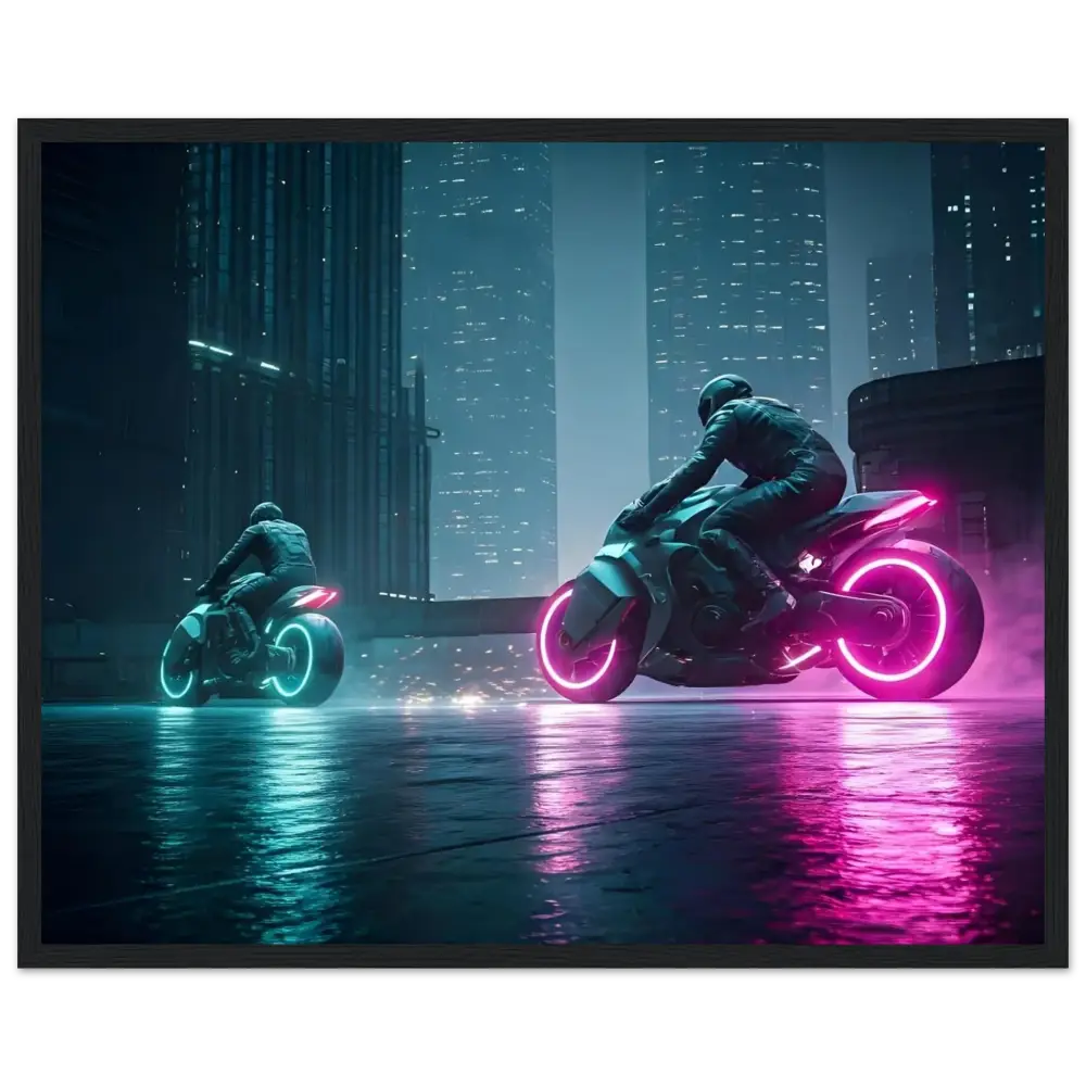 Futuristic neon motorcycles showcased as wall art in PixiOnyx Neon Velocity Cyberpunk Showdown print