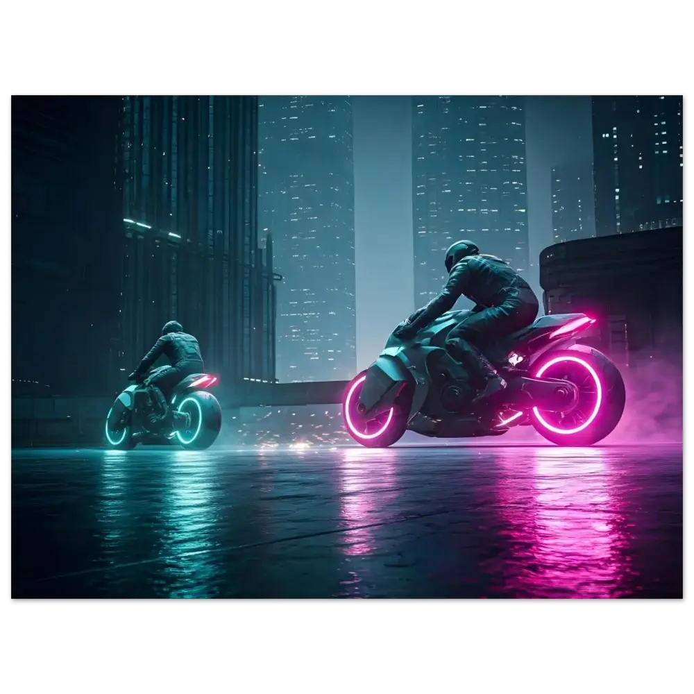 Futuristic neon motorcycles displayed as cyberpunk wall art in Neon Velocity framed print