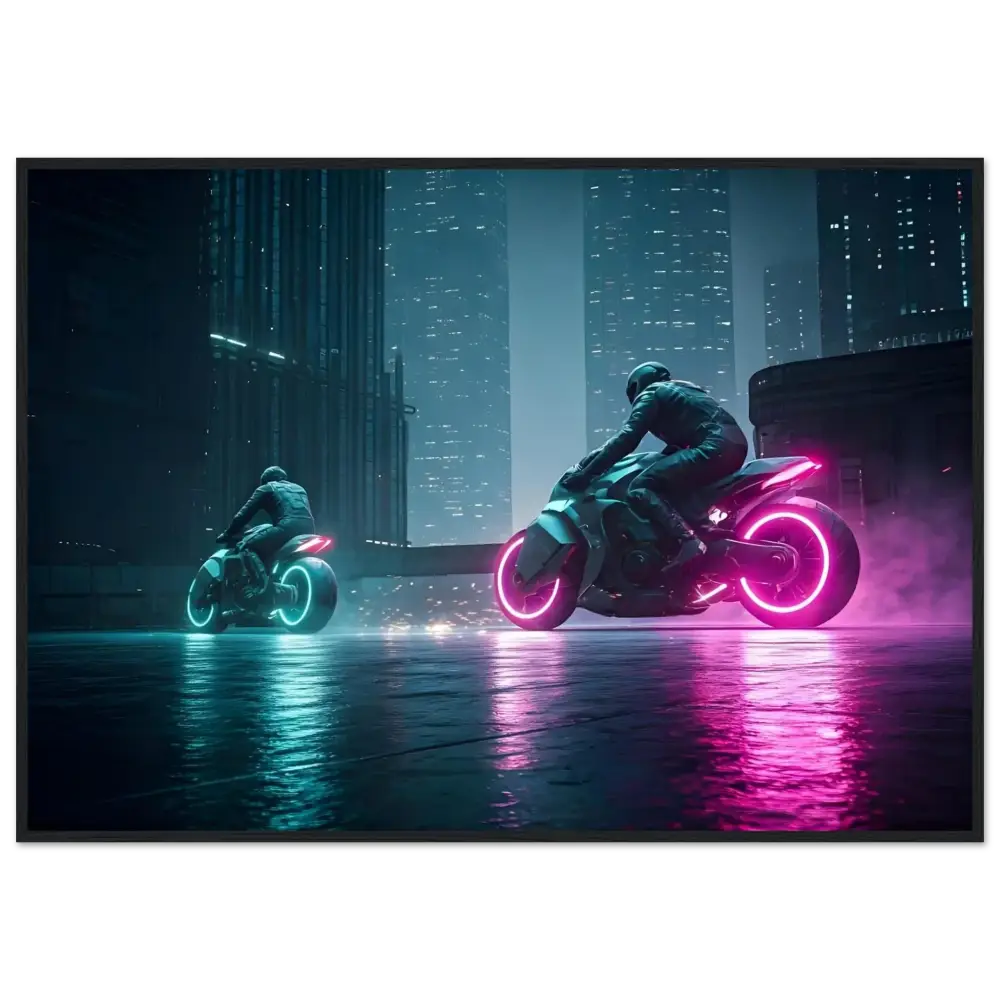 Neon-lit futuristic motorcycles displayed in Neon Velocity Cyberpunk Showdown wall art