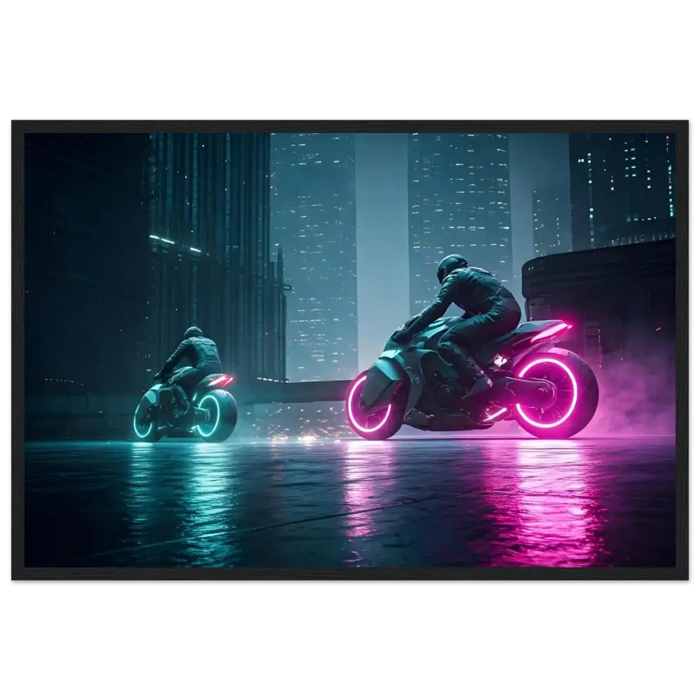Futuristic neon motorcycles displayed as Cyberpunk Wall Art in Neon Velocity Framed Print