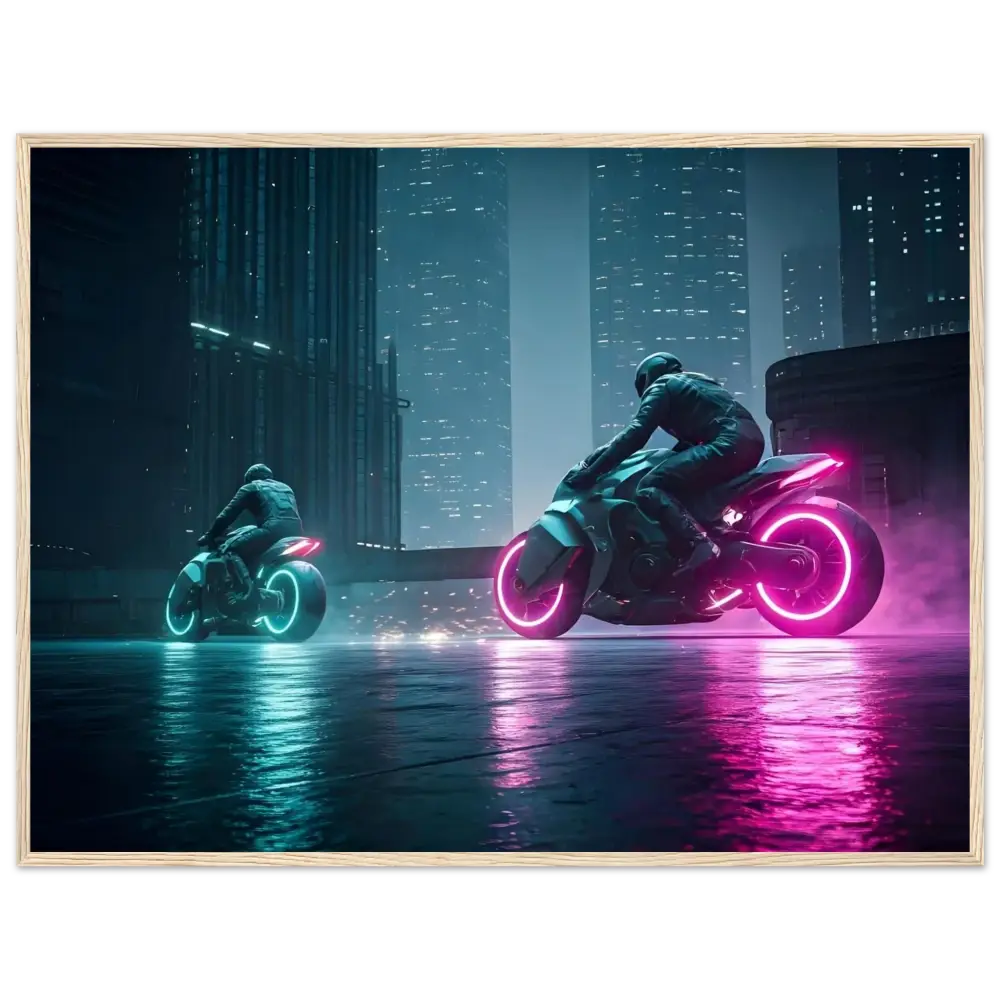 Futuristic motorcycles with neon lights on PixiOnyx Neon Velocity Cyberpunk Wall Art
