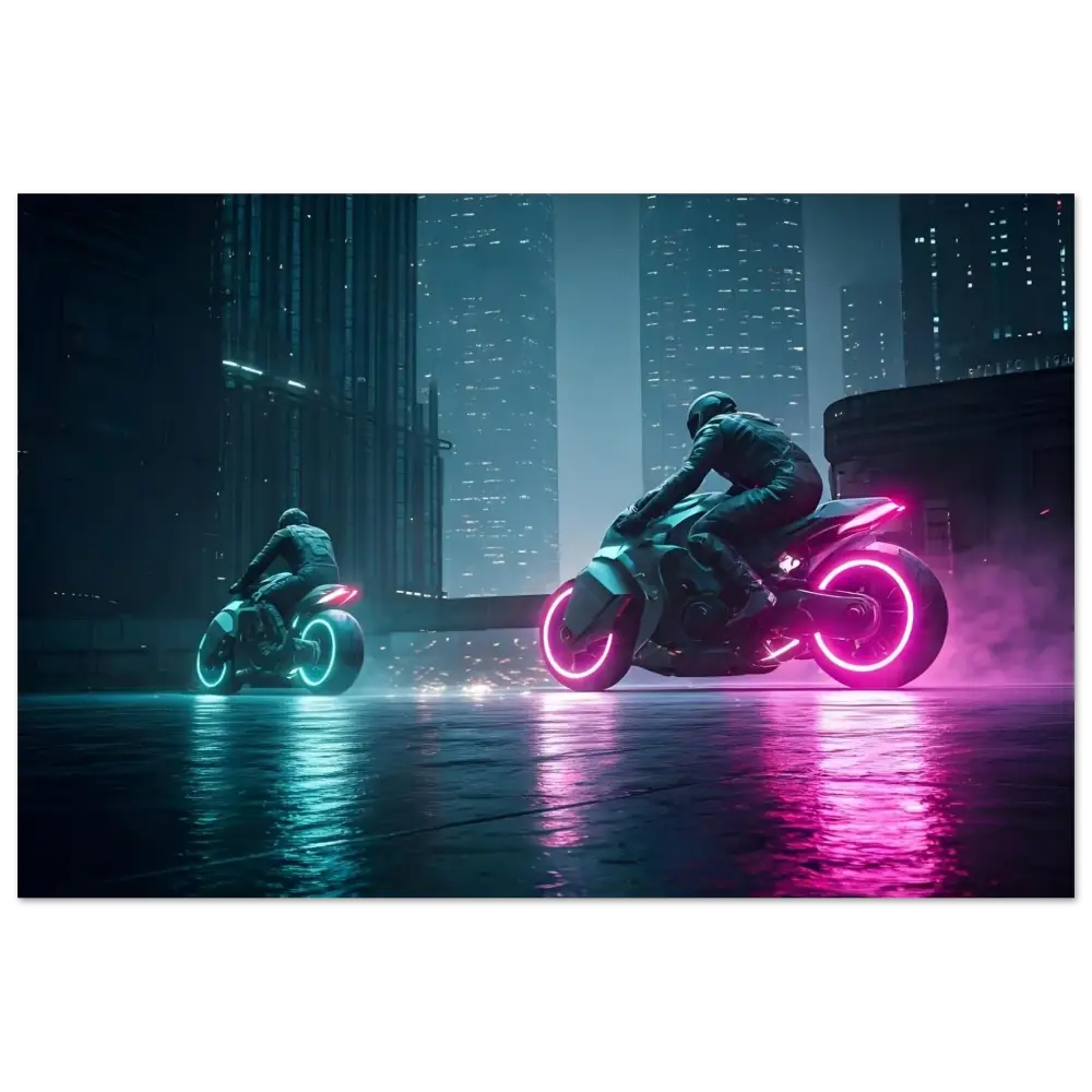 Futuristic neon motorcycles showcased as Cyberpunk Wall Art in Neon Velocity framed print