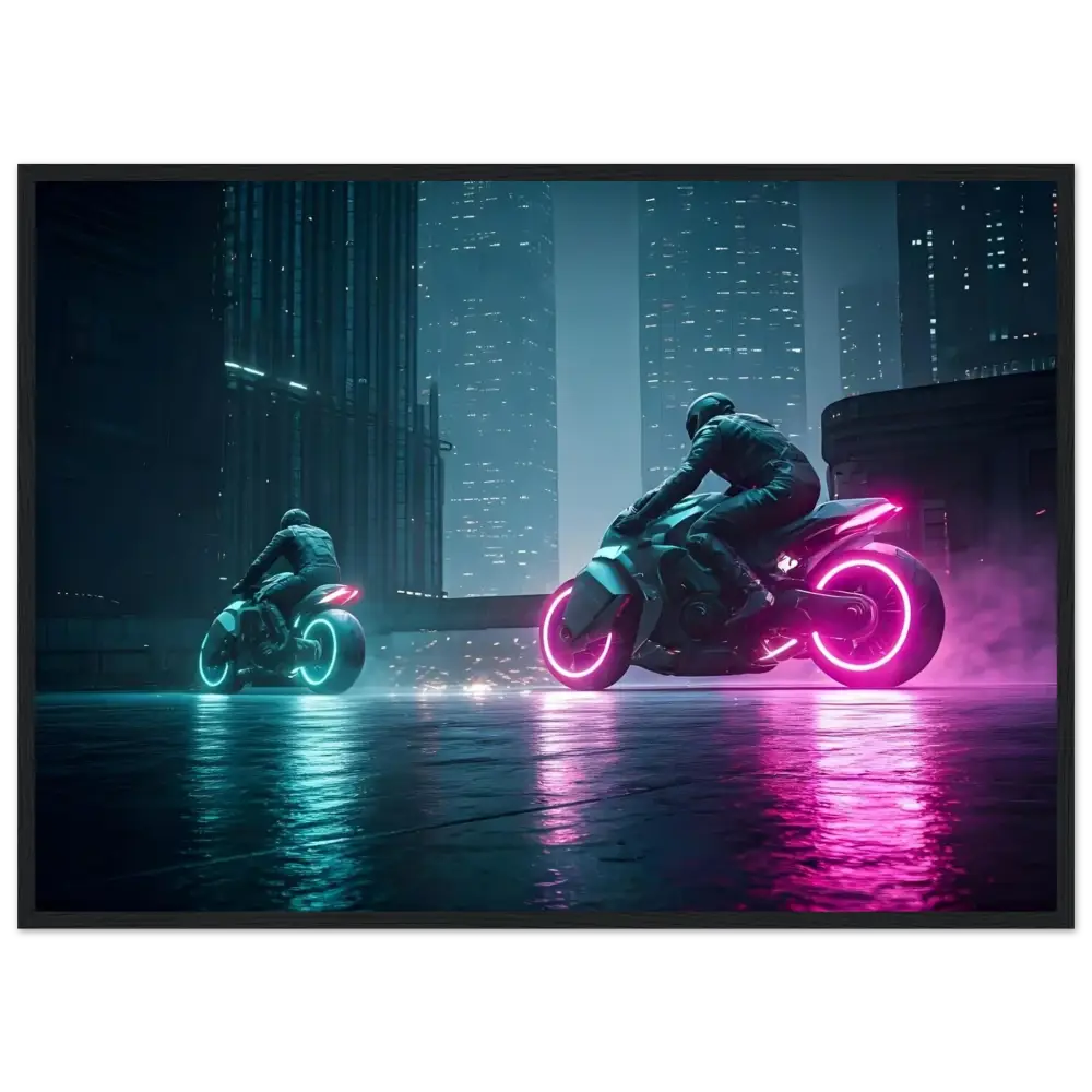 Futuristic motorcycles with neon lights displayed as PixiOnyx Futuristic Wall Art