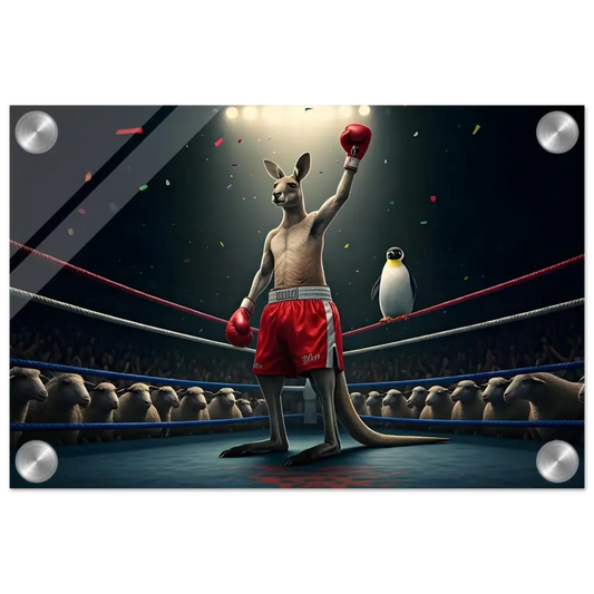Boxing Kangaroo with Penguin Referee Acrylic Print for Outback Undisputed PixiOnyx display