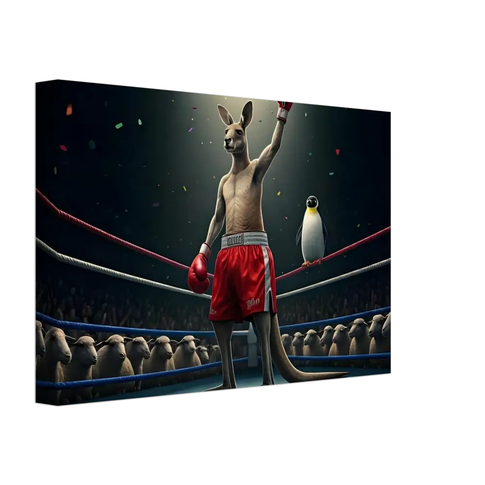 Victorious kangaroo boxer celebrating with penguin spectator in Outback Undisputed canvas art