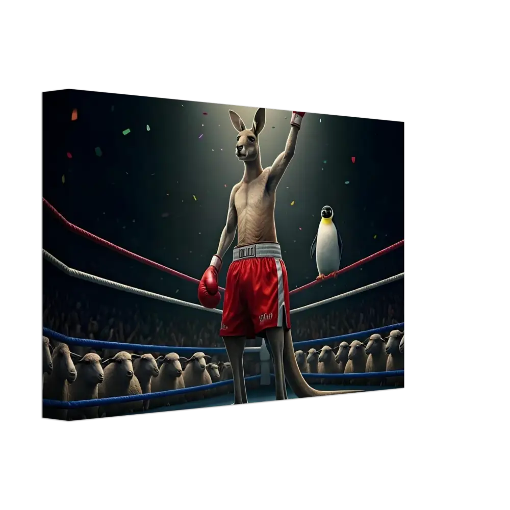 Victorious boxing kangaroo with penguin ringside in Outback Undisputed Canvas Wall Art