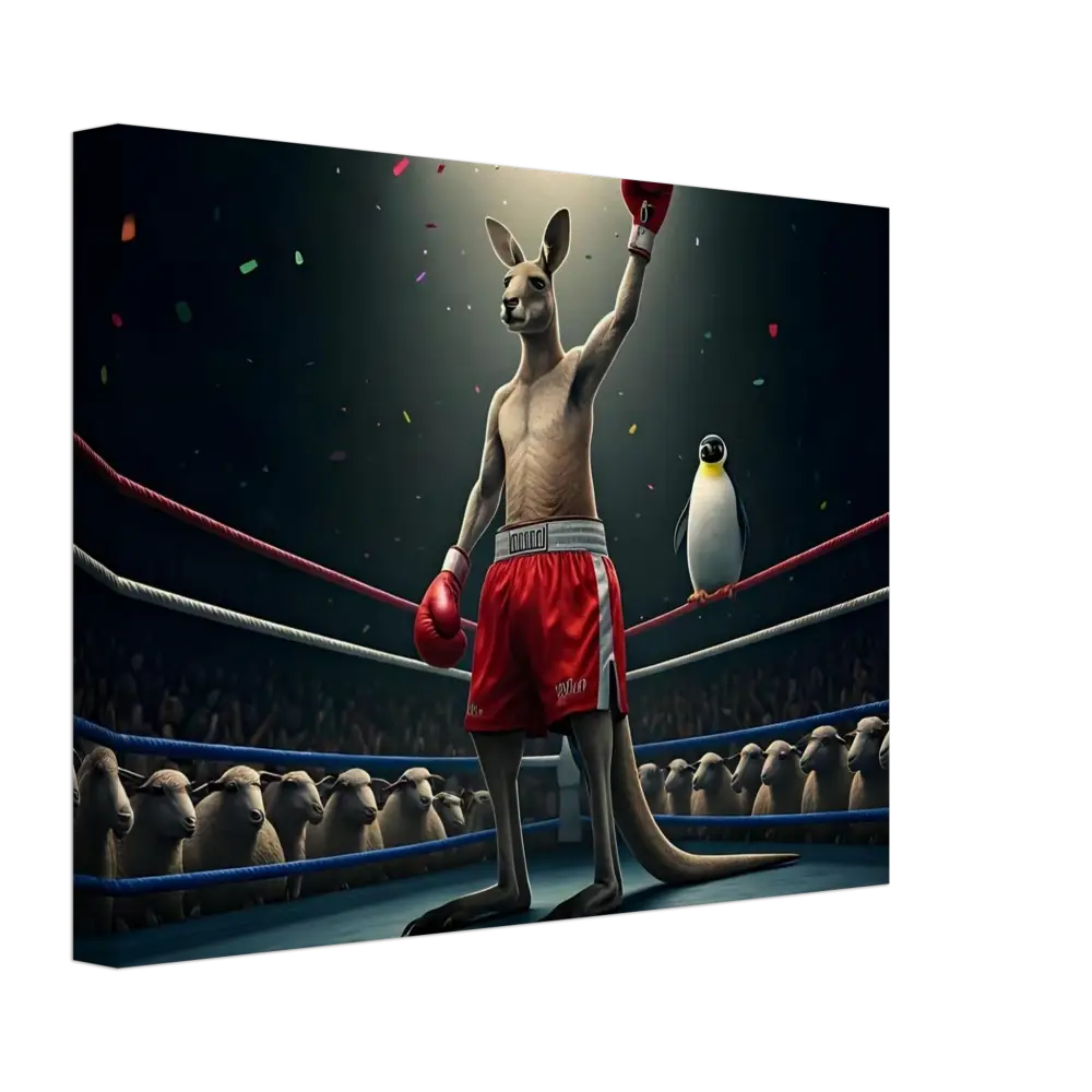 Victorious Kangaroo Boxer with Penguin Coach displayed as Outback Undisputed Canvas Wall Art