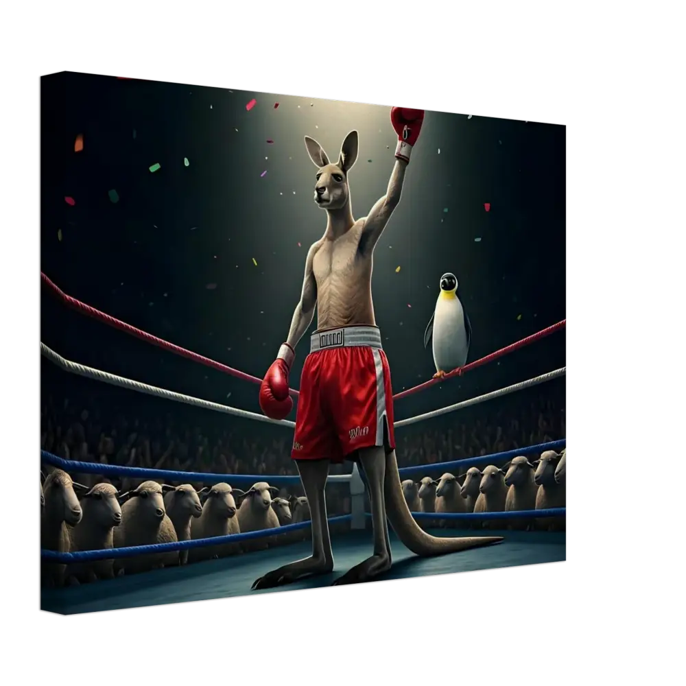 Victorious boxing kangaroo with penguin ringside in Outback Undisputed Canvas Wall Art