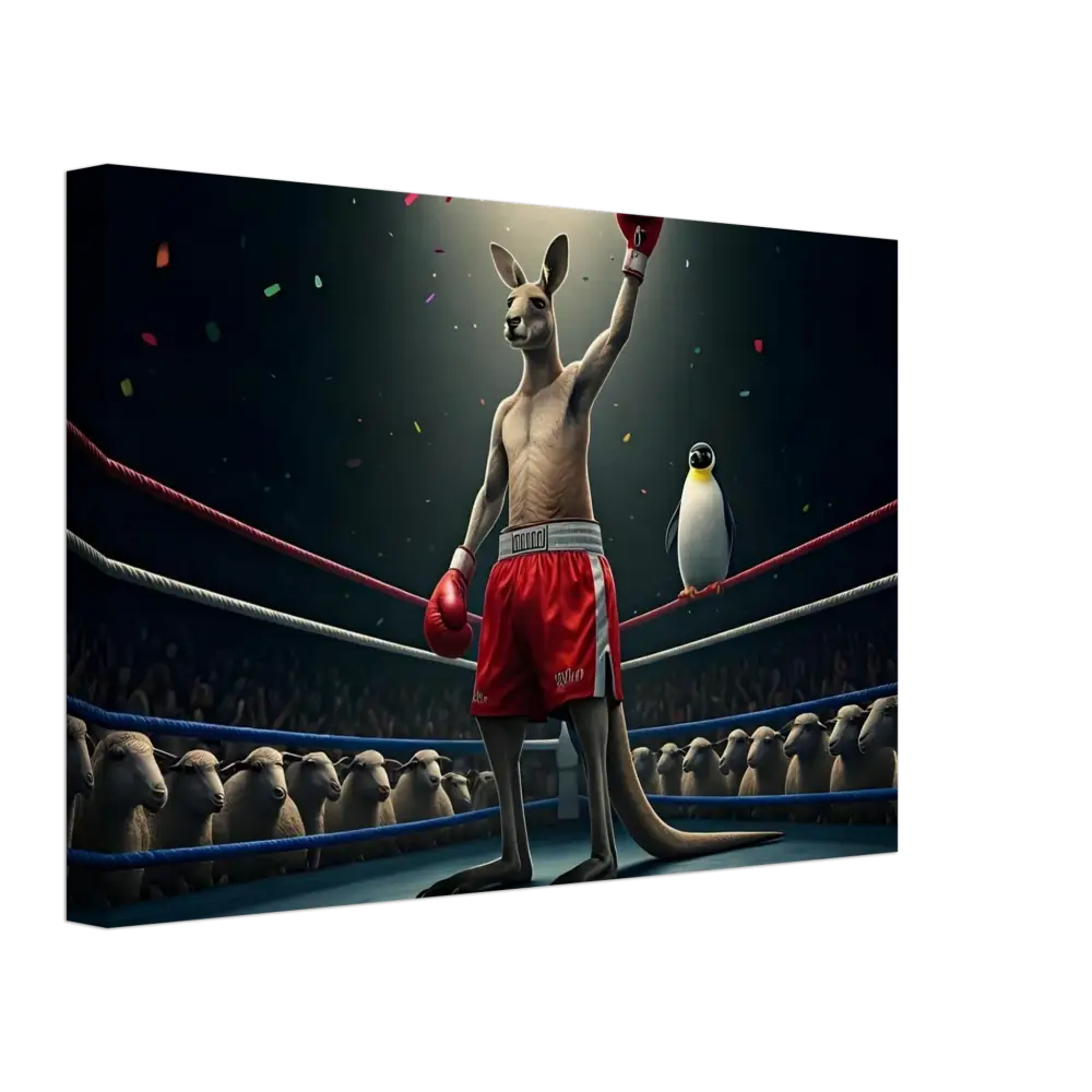 Victorious Kangaroo Boxer with Penguin Referee in Outback Undisputed Canvas Wall Art