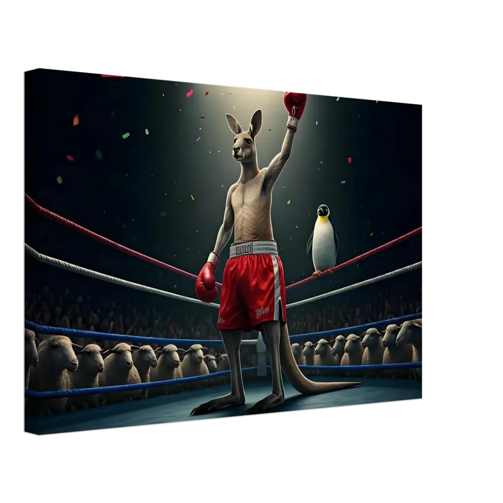 Victorious Kangaroo Boxer with Penguin Ringside in Outback Undisputed Canvas Wall Art