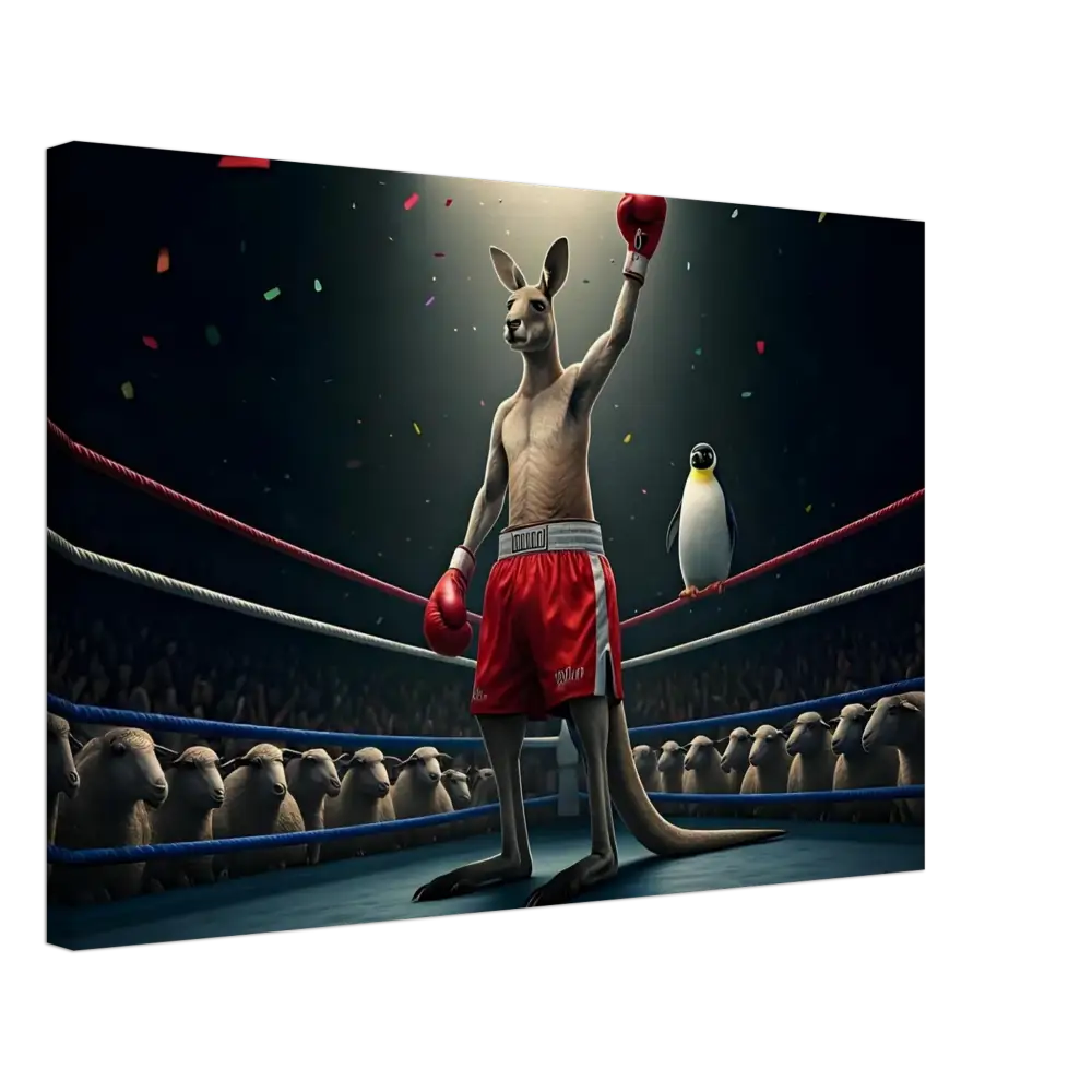 Victorious boxing kangaroo with penguin spectator for Outback Undisputed Canvas Wall Art
