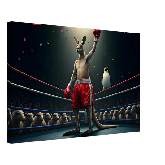 Victorious boxing kangaroo with penguin spectator for Outback Undisputed Canvas Wall Art