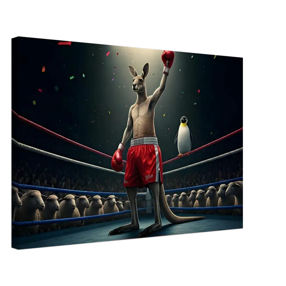 Victorious kangaroo boxer with penguin coach displayed on Outback Undisputed Canvas Wall Art