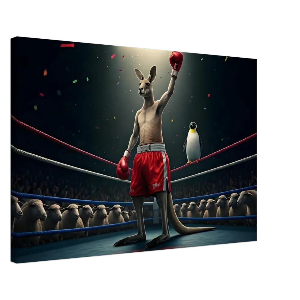 Victorious Kangaroo Boxer with Penguin Ringside for Outback Undisputed Canvas Wall Art