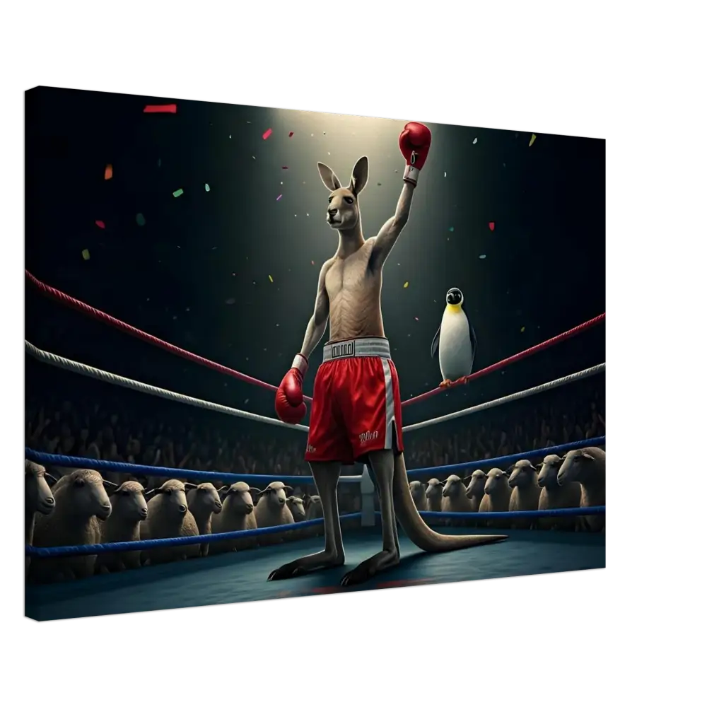 Victorious Kangaroo Boxer with Penguin Wall Art for Outback Undisputed Canvas by PixiOnyx