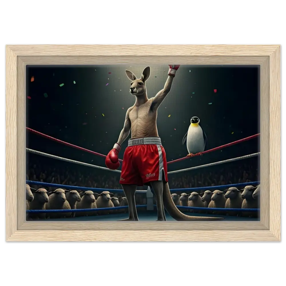 Framed boxing kangaroo with penguin artwork in PixiOnyx Victory Showcase product