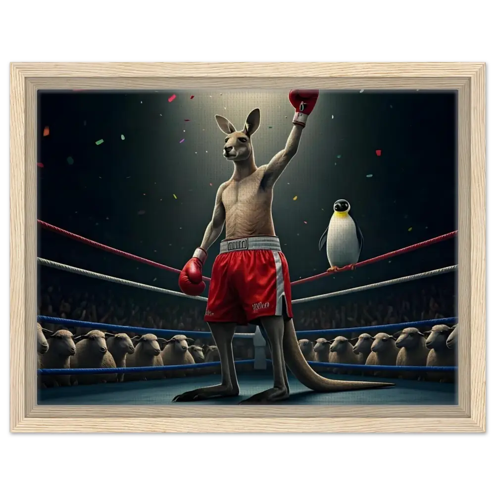 Framed boxing kangaroo victory artwork in PixiOnyx Outback Undisputed Canvas display