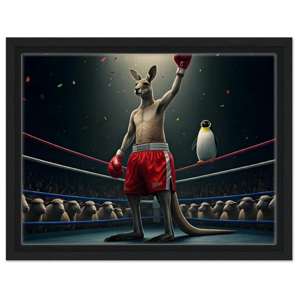 Victorious Kangaroo Boxer Celebrating with Penguin Spectator on Outback Undisputed Canvas