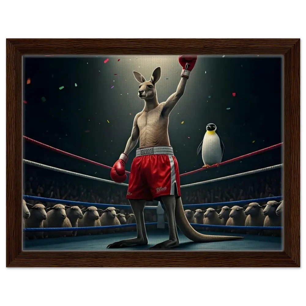 Framed boxing kangaroo victory artwork on Outback Undisputed Canvas by PixiOnyx