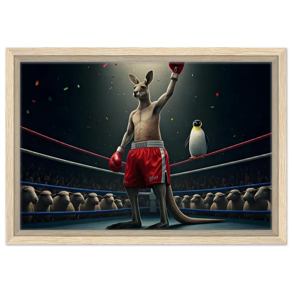 Framed boxing kangaroo with penguin referee artwork in PixiOnyx Victory Showcase