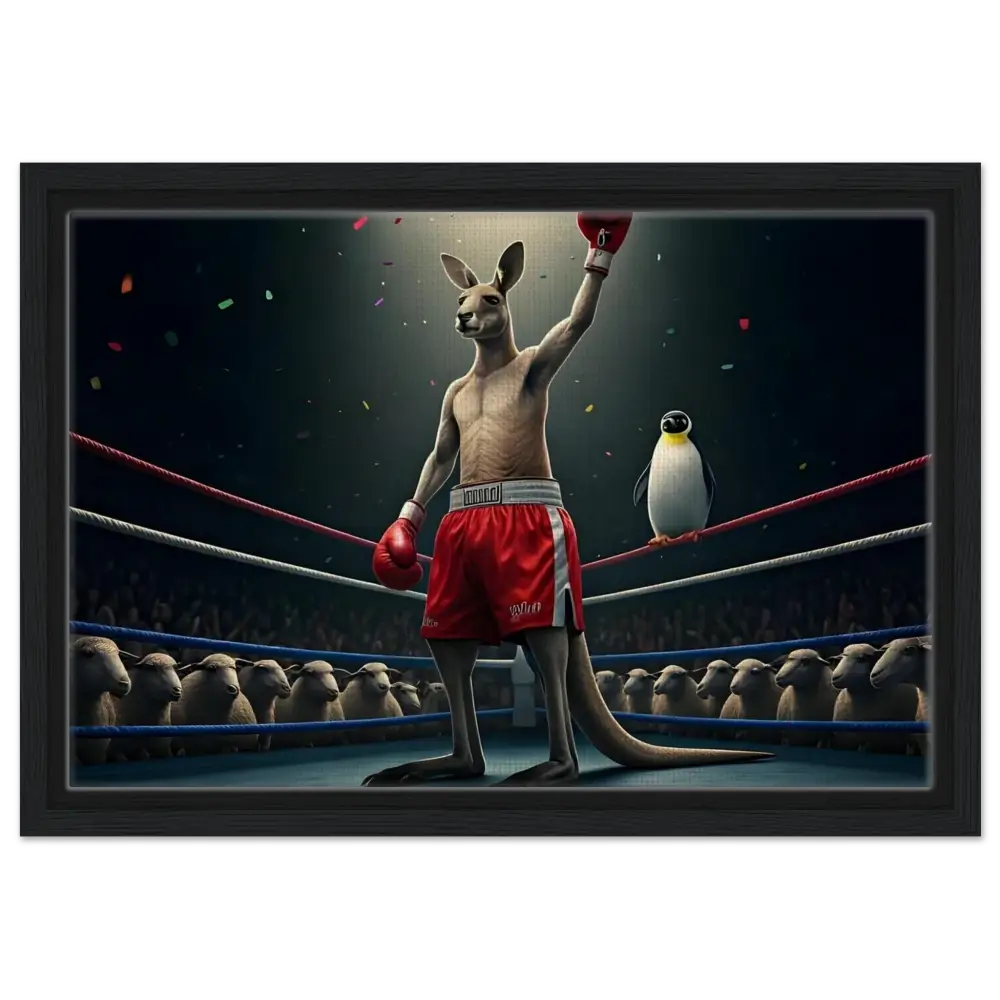 Victorious Kangaroo Boxer with Penguin Spectator in Outback Undisputed Framed Canvas