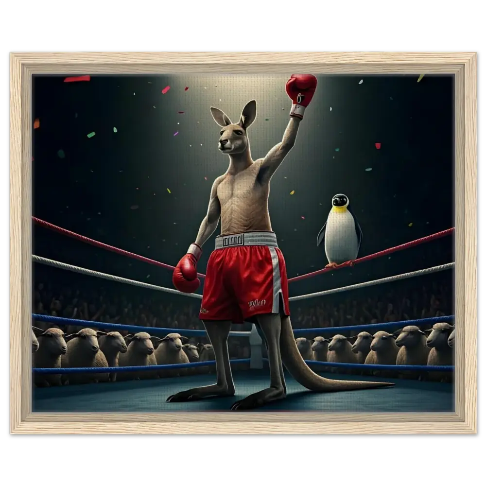 Framed boxing kangaroo with penguin spectator in PixiOnyx Victory Showcase canvas print