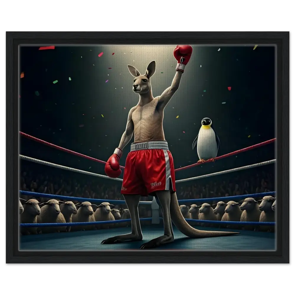 Victorious boxing kangaroo artwork in Outback Undisputed Framed Canvas by PixiOnyx