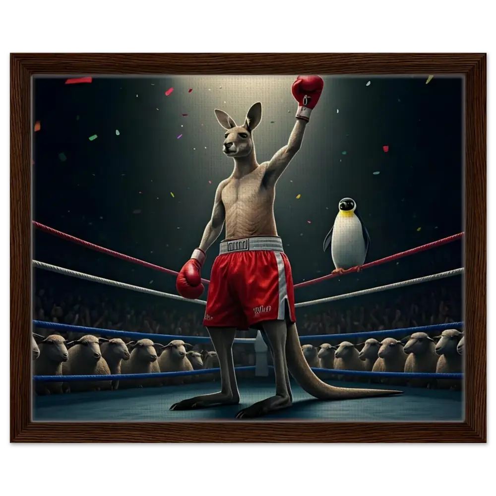 Framed boxing kangaroo victory artwork on Outback Undisputed Canvas from PixiOnyx