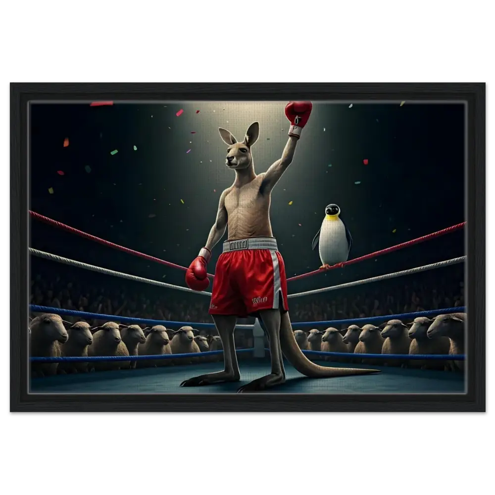 Boxing Kangaroo victorious displayed on Outback Undisputed Framed Canvas by PixiOnyx
