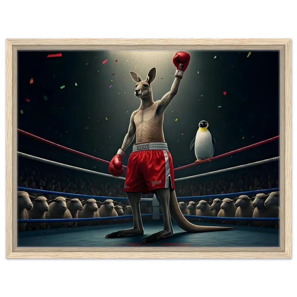 Framed boxing kangaroo victory artwork from Outback Undisputed canvas collection