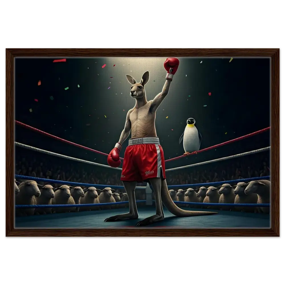 Framed boxing kangaroo with penguin artwork in Outback Undisputed Canvas PixiOnyx Victory