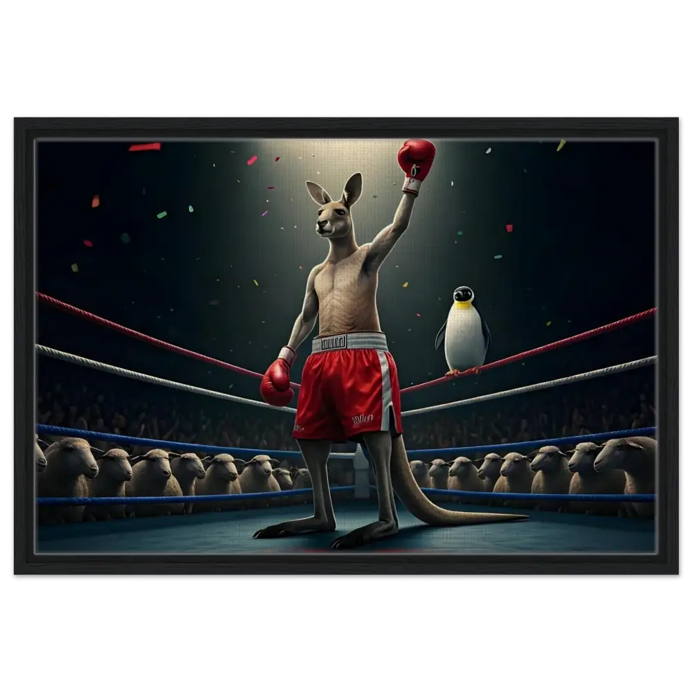 Victorious boxing kangaroo with penguin spectator on framed canvas artwork Outback Undisputed
