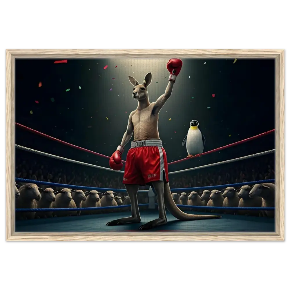 Framed boxing kangaroo with penguin artwork in PixiOnyx Victory Showcase canvas display