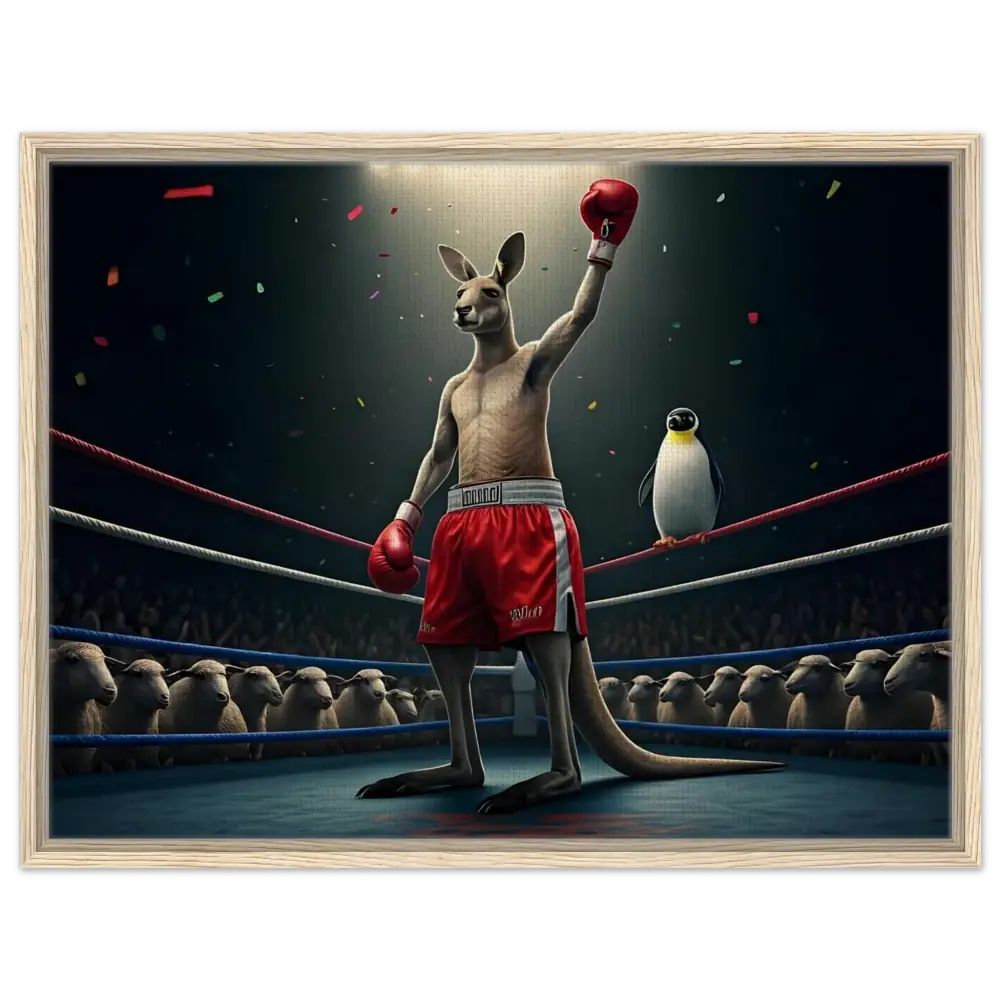 Framed boxing kangaroo victory artwork from Outback Undisputed Canvas PixiOnyx Victory Showcase