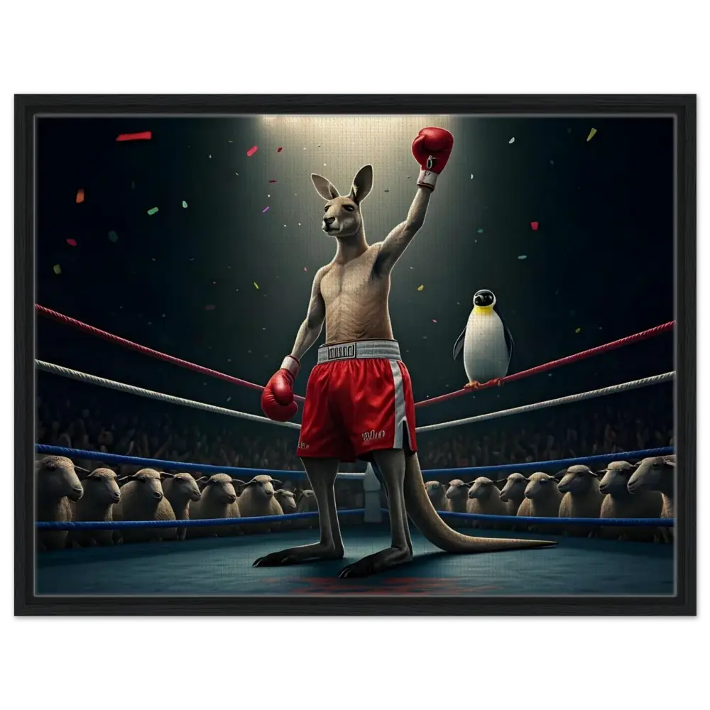 Boxing Kangaroo with Penguin Spectator in Outback Undisputed Framed Canvas PixiOnyx Victory Showcase