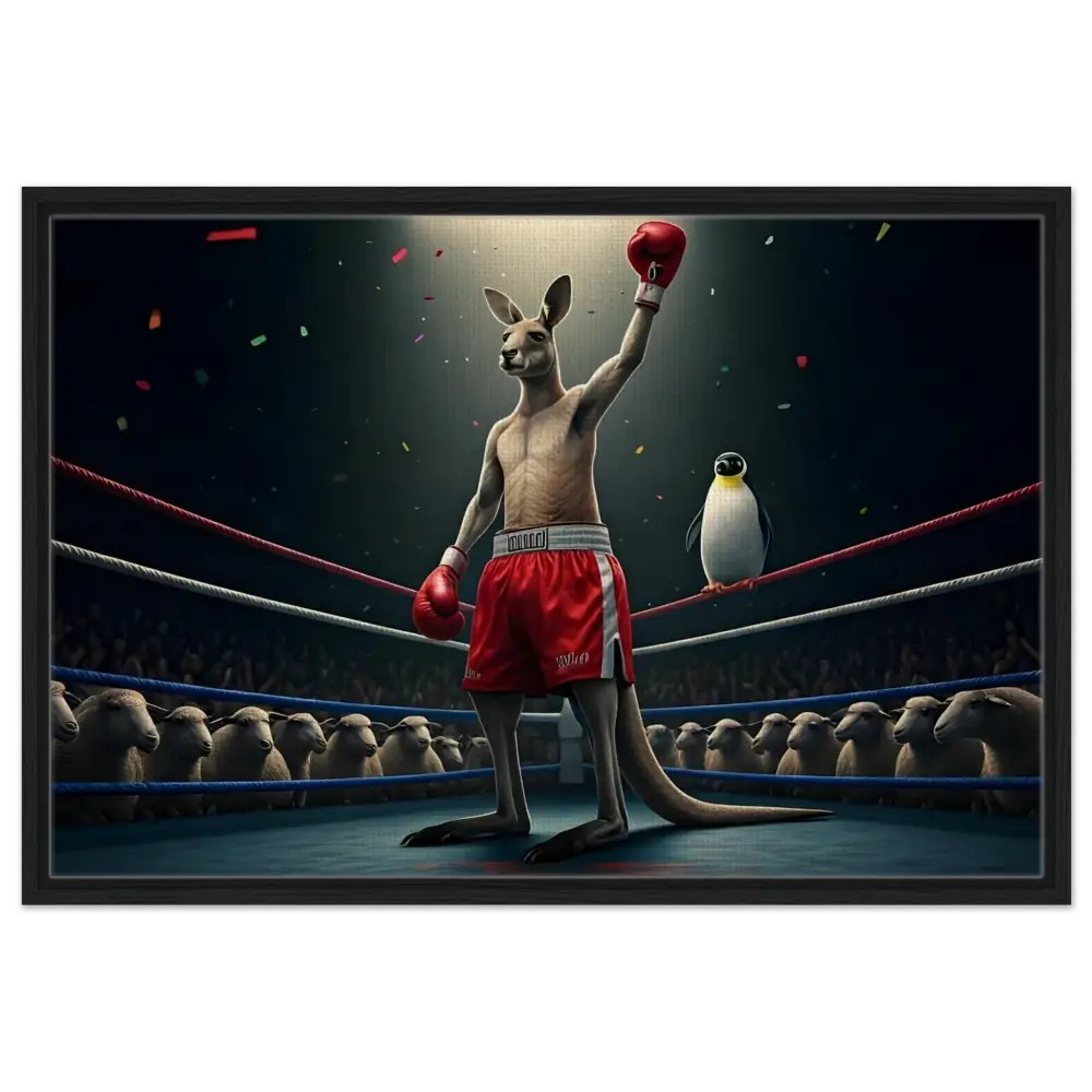Victorious boxing kangaroo with penguin spectator on Outback Undisputed framed canvas