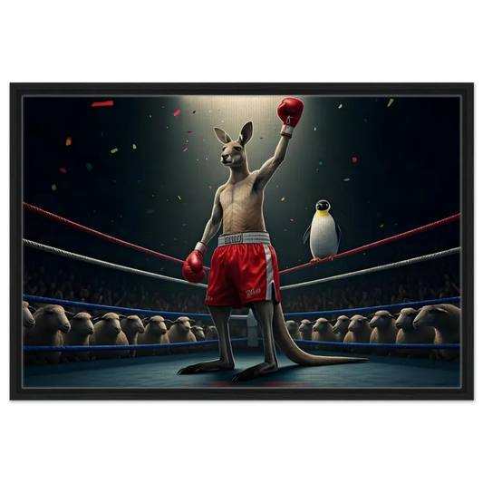 Victorious boxing kangaroo with penguin spectator on Outback Undisputed framed canvas