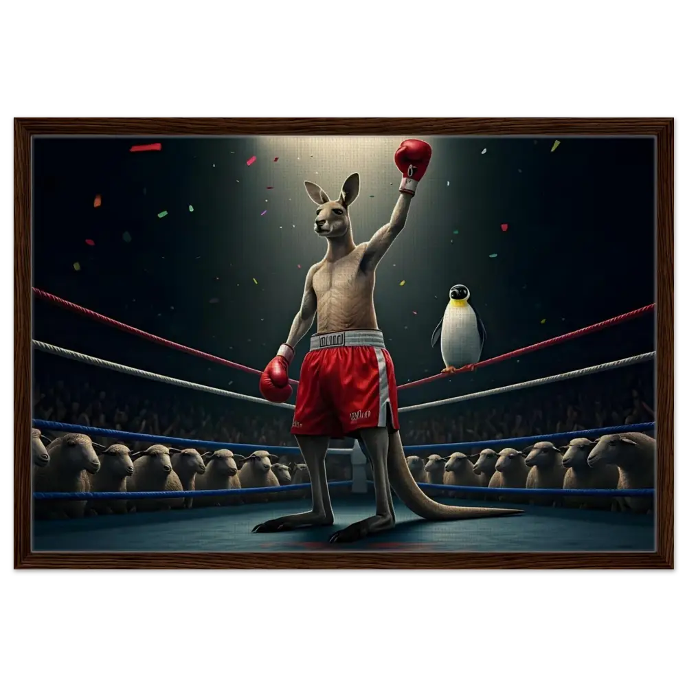 Framed Boxing Kangaroo Victory Canvas Artwork in Outback Undisputed PixiOnyx Showcase