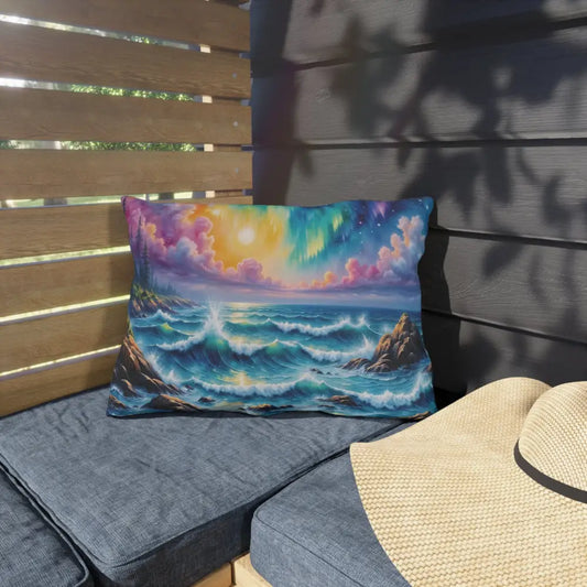 Rectangular outdoor pillow featuring a celestial-infused ocean scene with waves crash beneath