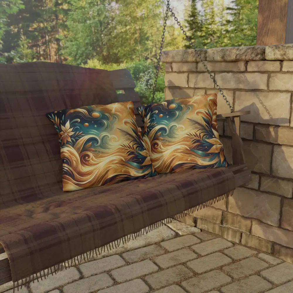 Decorative pillows on a porch swing for Outdoor Pillow Nebula Bloom Cascade PixiOnyx