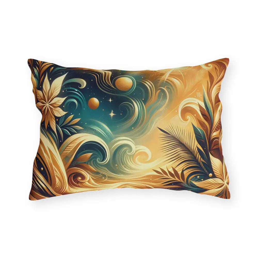 Rectangular outdoor pillow with celestial and botanical nebula design for patio decor